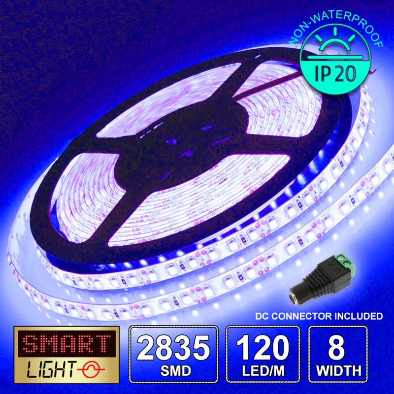 12V/5M SMD 2835 IP20 Non-Waterproof 8mm LED Strip 600 LED (120LED/M) - BLUE