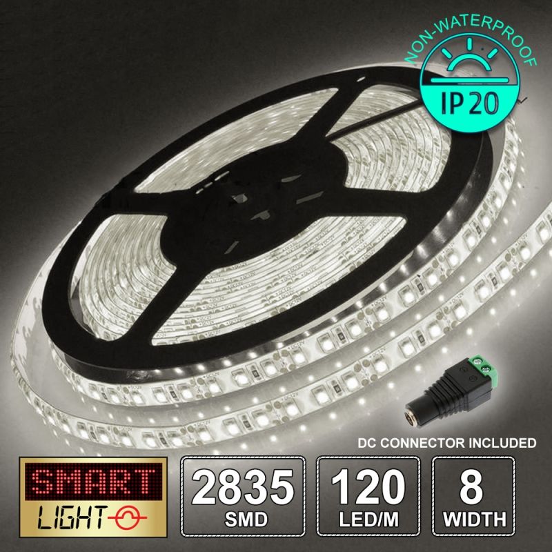 12V/5M SMD 2835 IP20 Non-Waterproof 8mm LED Strip 600 LED (120LED/M) - COOL WHITE