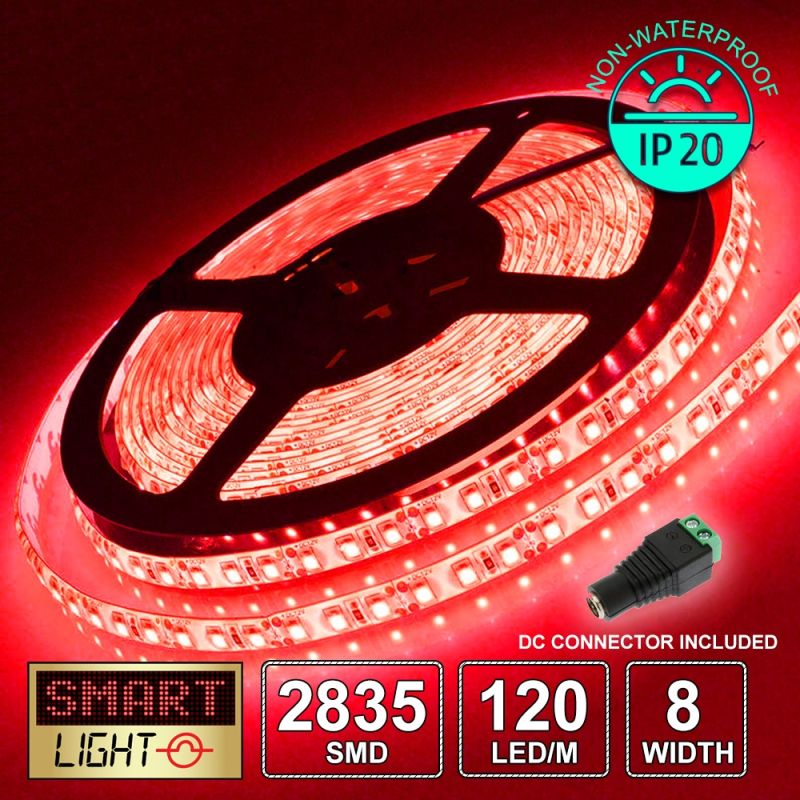 12V/5M SMD 2835 IP20 Non-Waterproof 8mm LED Strip 600 LED (120LED/M) - RED