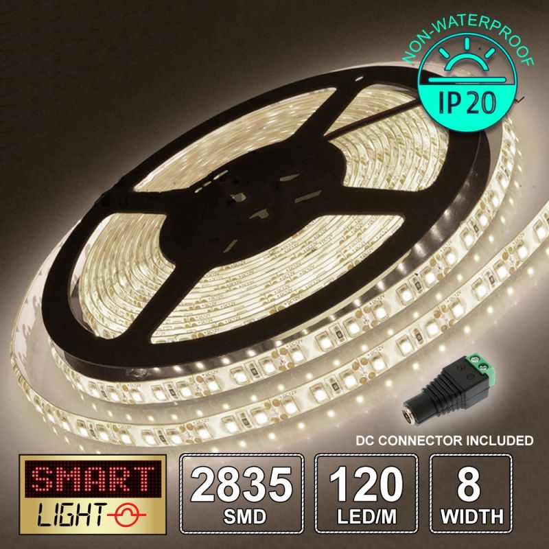 12V/5M SMD 2835 IP20 Non-Waterproof 8mm LED Strip 600 LED (120LED/M) - WARM WHITE