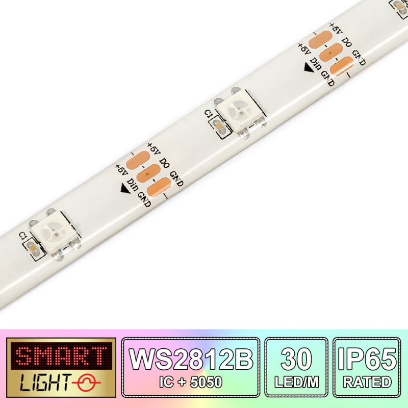 30 LED/M WS2812B RGB Addressable LED Strip IP65 (White PCB)