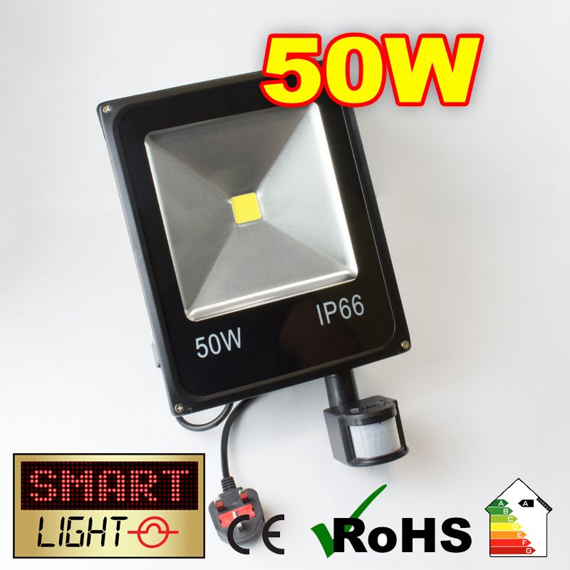 Flat Cool White LED Flood Light + PIR - 50W