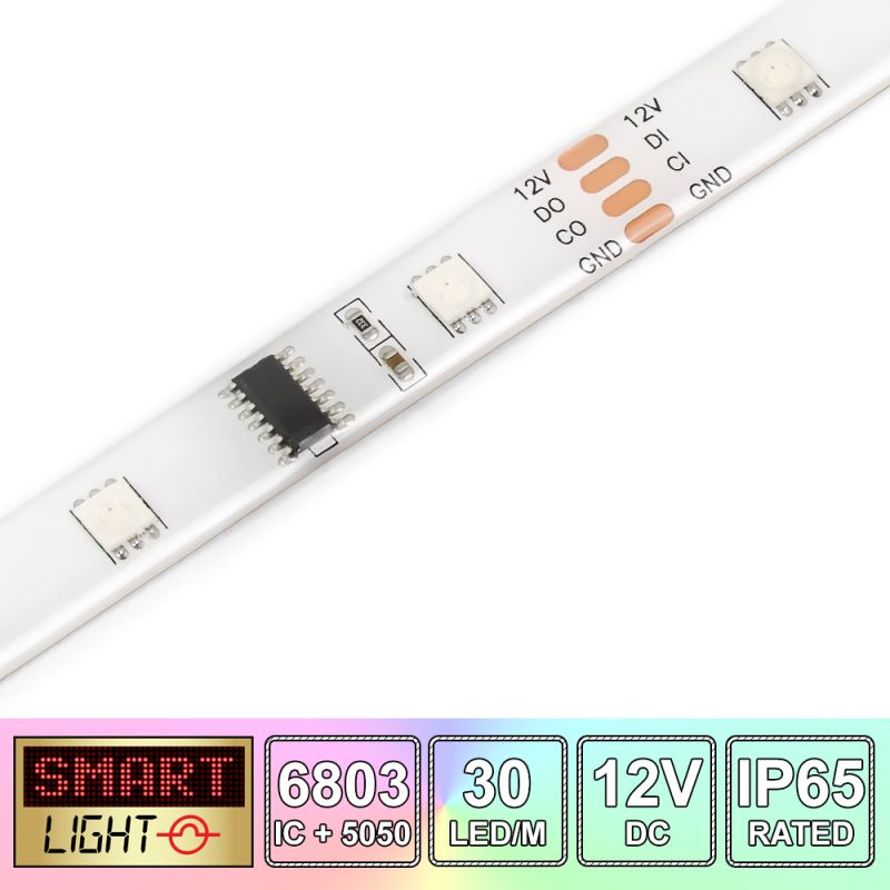 30 LED/M 6803 IC / SMD 5050 RGB Addressable LED Strip IP65 (White PCB)