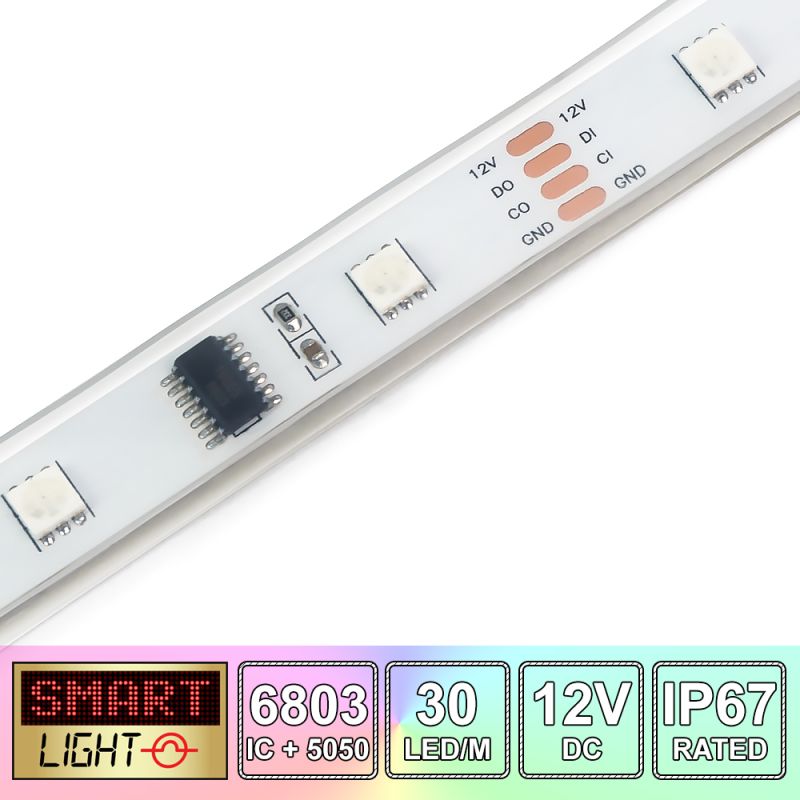 30 LED/M 6803 IC / SMD 5050 RGB Addressable LED Strip IP67 (White PCB)