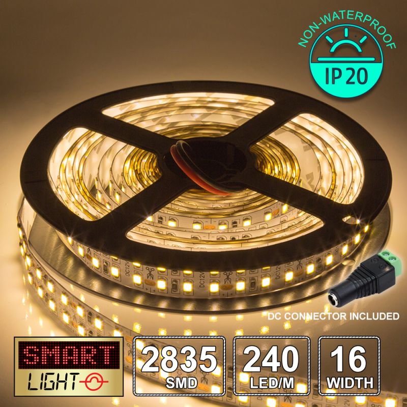 12V/5M SMD 2835 IP20 Non-Waterproof Double Row 16mm Strip 1200 LED (240LED/M) - WARM WHITE
