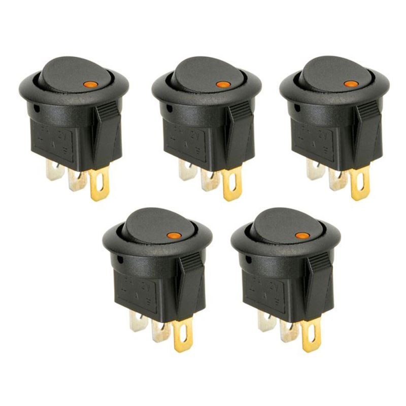 5 x SmartSwitch SPST 20mm 12V/16A Illuminated Round Rocker Switch - AMBER LED