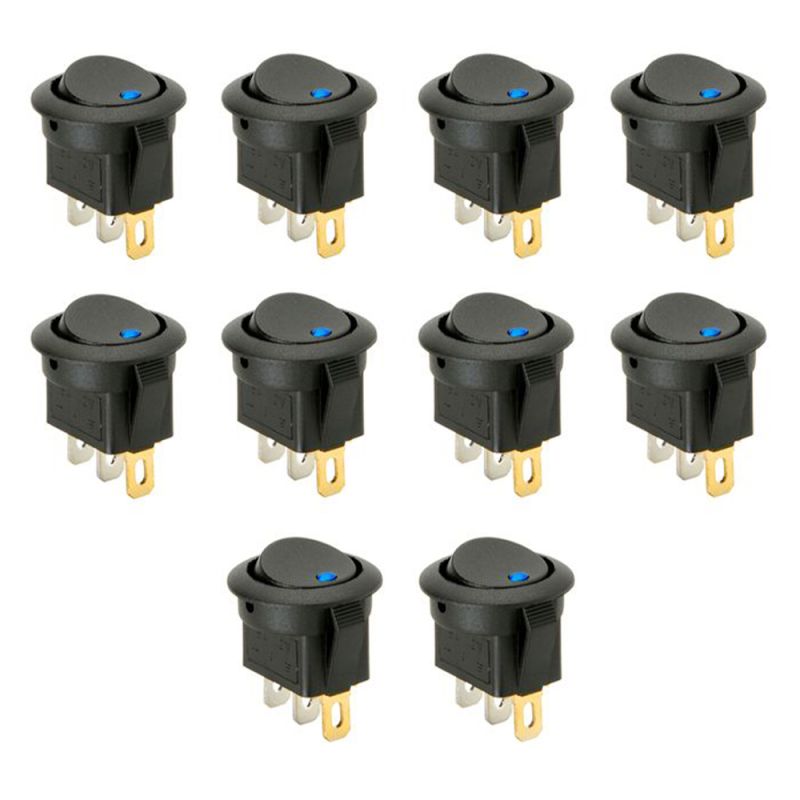 10 x SmartSwitch SPST 20mm 12V/16A Illuminated Round Rocker Switch - BLUE LED