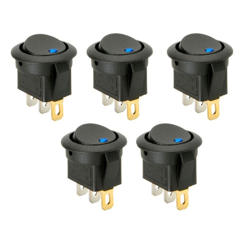 5 x SmartSwitch SPST 20mm 12V/16A Illuminated Round Rocker Switch - BLUE LED