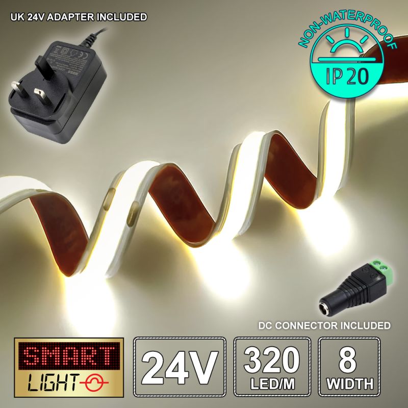 24V/5m WARM WHITE (3000k) COB LED Strip (320 LED / 8w / 743lms per meter) + 24V Adapter