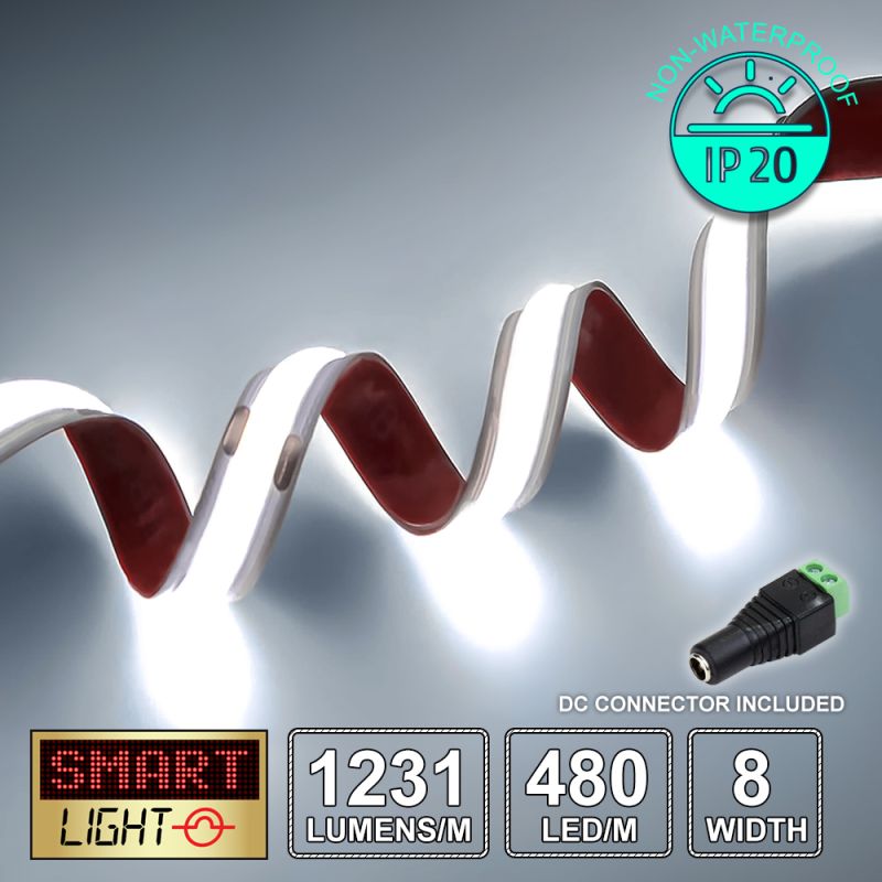 12V Premium Cool White (6500k) COB LED Strip (480 LED / 12w / 1231lms per meter)
