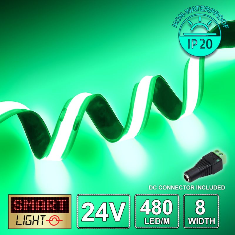 24V Premium Green COB LED Strip (480 LED / 10w / 11-1800mcd per meter)