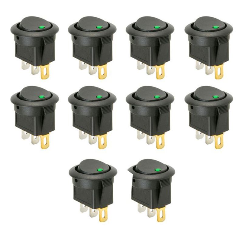 10 x SmartSwitch SPST 20mm 12V/16A Illuminated Round Rocker Switch - GREEN LED