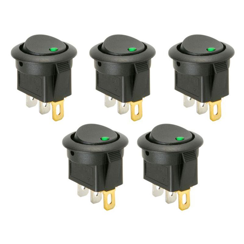 5 x SmartSwitch SPST 20mm 12V/16A Illuminated Round Rocker Switch - GREEN LED