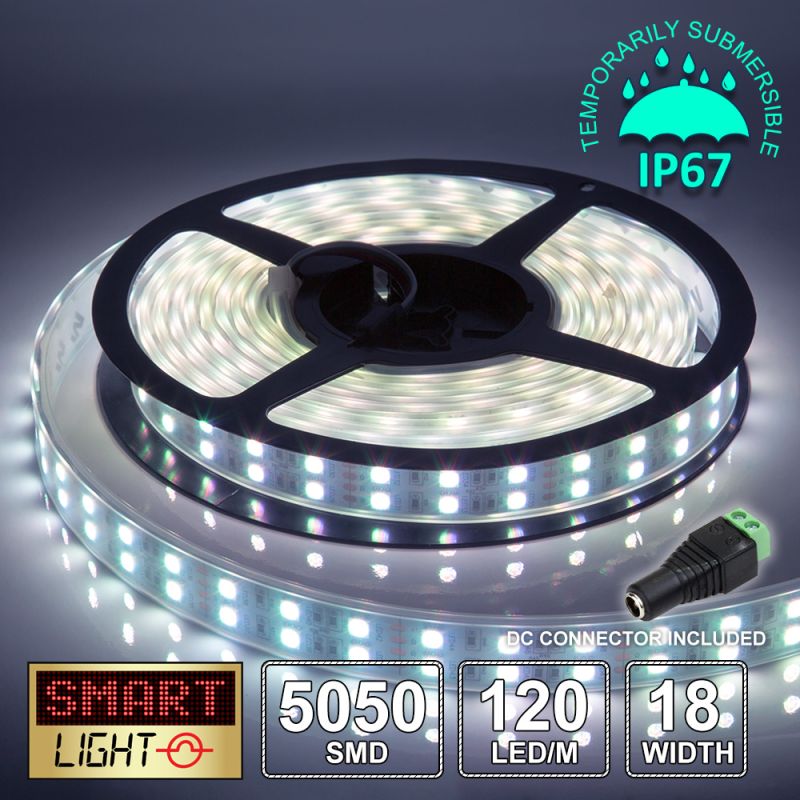 12V/5M SMD 5050 IP67 Sealed Waterproof Double Row 16mm Strip 600 LED (120LED/M) - COOL WHITE