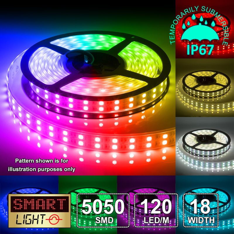 12V/5M SMD 5050 IP67 Sealed Waterproof Double Row 16mm Strip 600 LED (120LED/M) - RGB