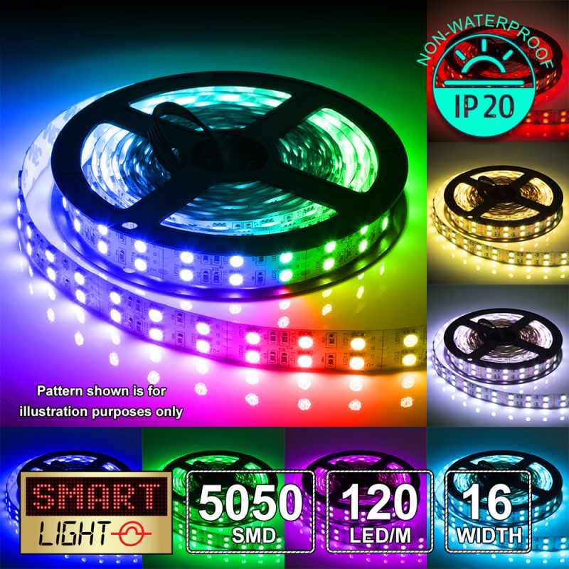 12V/5M SMD 5050 IP20 Non-Waterproof Double Row 16mm Strip 600 LED (120LED/M) - RGB