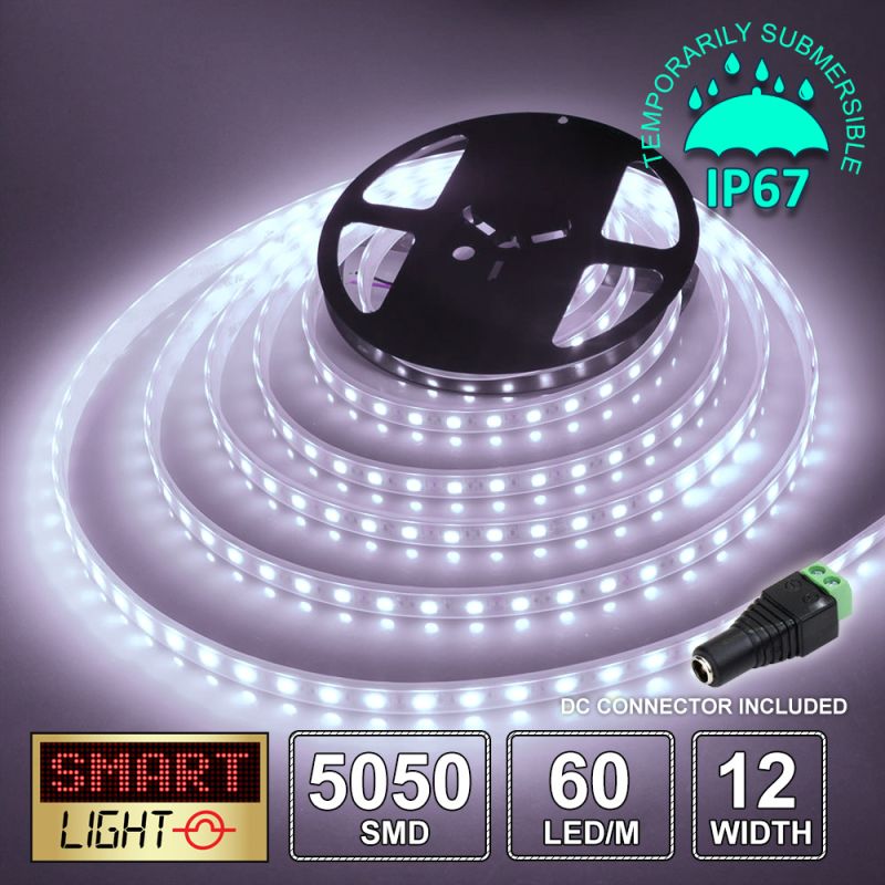 60 LED/M 12V SMD 5050 COOL WHITE LED Strip IP67 (White PCB)