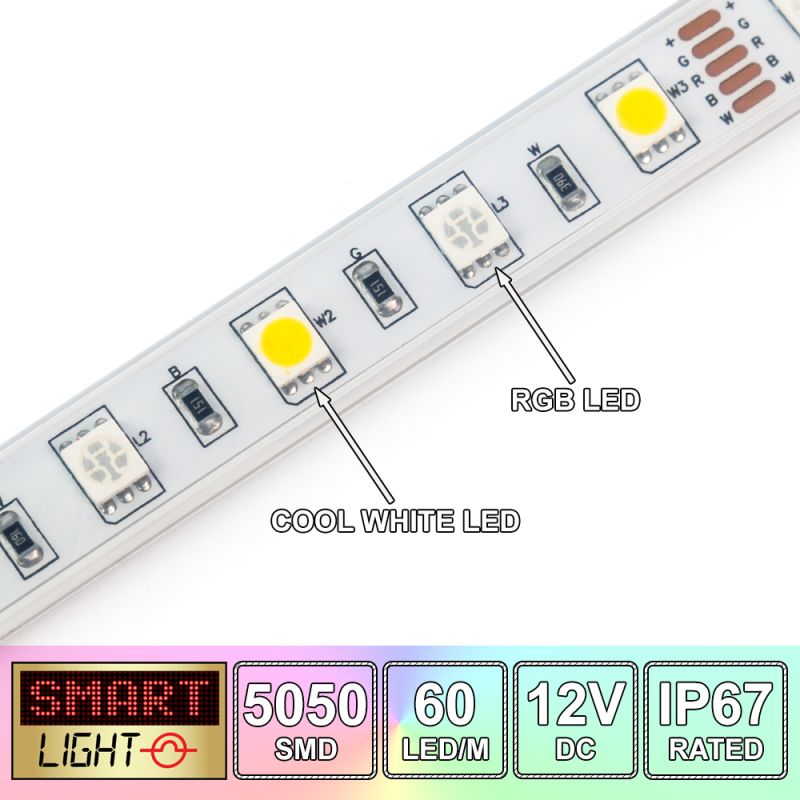 12V/5M SMD 5050 IP67 Sealed Waterproof 300 LED - RGB+COOL WHITE