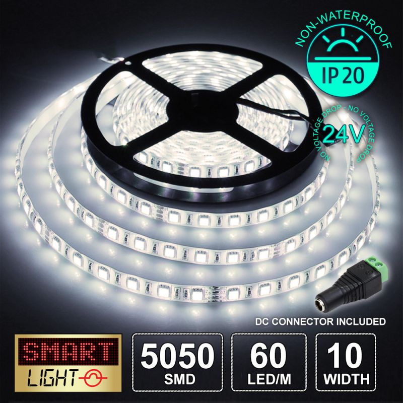 60 LED/M 24V SMD 5050 WARM WHITE LED Strip IP20 (White PCB)