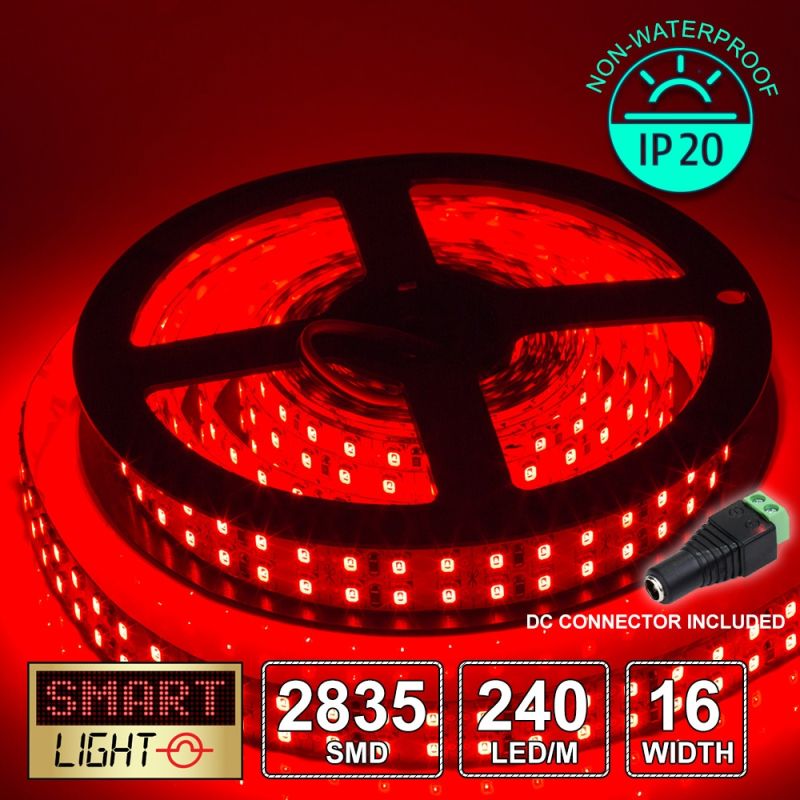 12V/5M SMD 2835 IP20 Non-Waterproof Double Row 16mm Strip 1200 LED (240LED/M) - RED