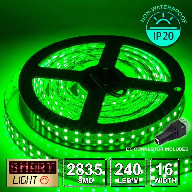 12V/5M SMD 2835 IP20 Non-Waterproof Double Row 16mm Strip 1200 LED (240LED/M) - GREEN