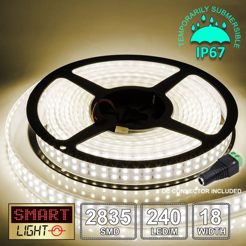 12V/5M SMD 2835 IP67 Sealed Waterproof Double Row 18mm Strip 1200 LED (240LED/M) - WARM WHITE