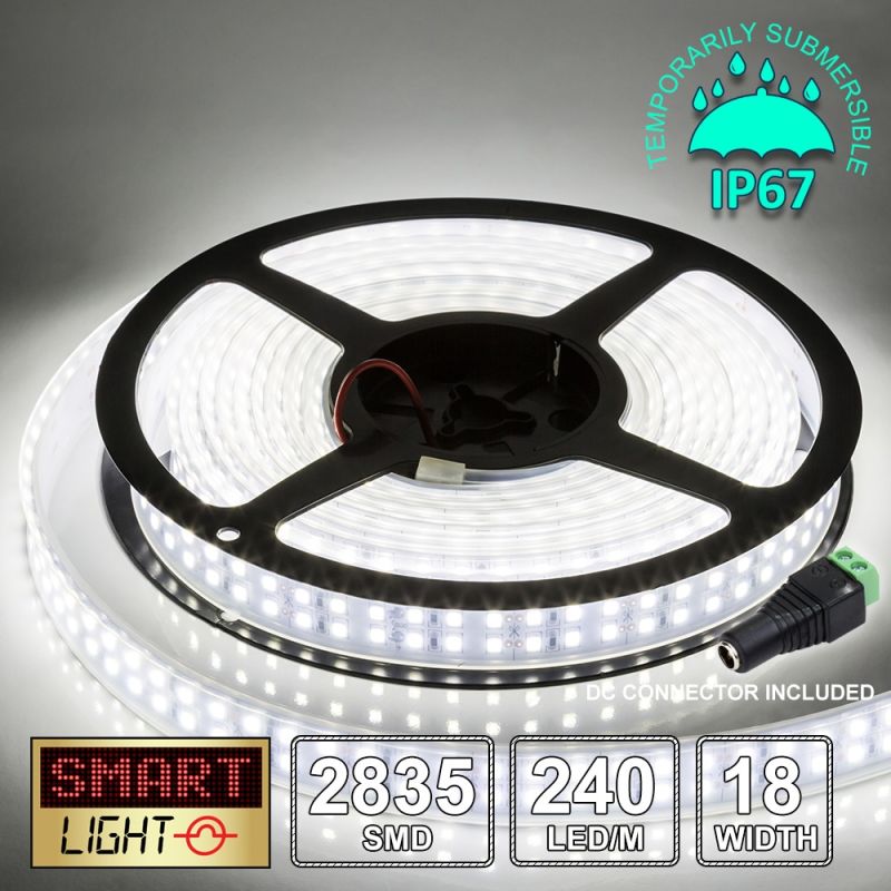 12V/5M SMD 2835 IP67 Sealed Waterproof Double Row 18mm Strip 1200 LED (240LED/M) - COOL WHITE