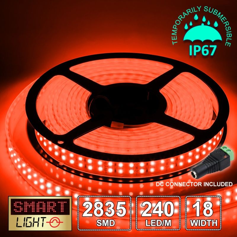 12V/5M SMD 2835 IP67 Sealed Waterproof Double Row 18mm Strip 1200 LED (240LED/M) - RED