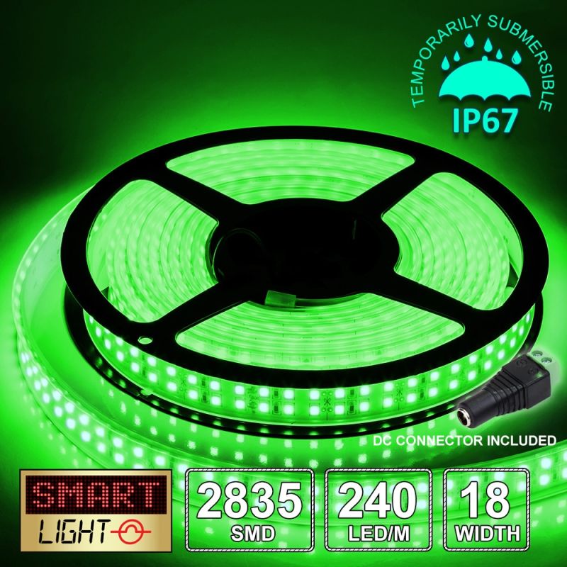 12V/5M SMD 2835 IP67 Sealed Waterproof Double Row 18mm Strip 1200 LED (240LED/M) - GREEN