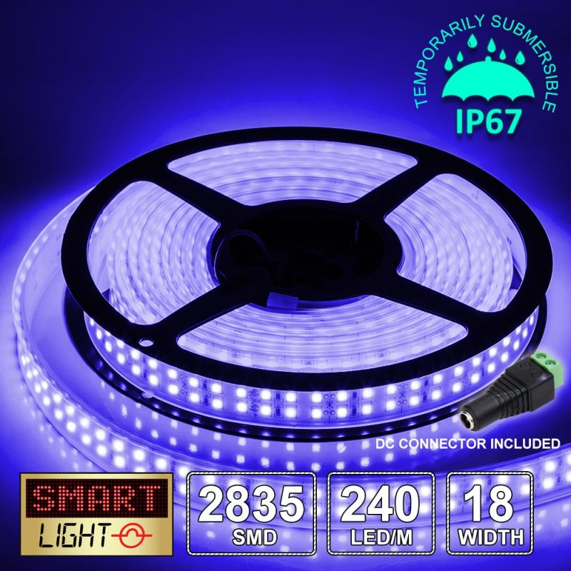 12V/5M SMD 2835 IP67 Sealed Waterproof Double Row 18mm Strip 1200 LED (240LED/M) - BLUE