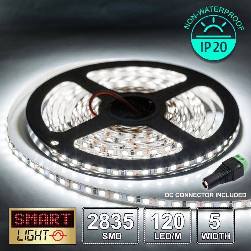 12V/5M SMD 2835 5MM IP20 Non-Waterproof Thin 5mm Strip 600 LED (120LED/M) - COOL WHITE