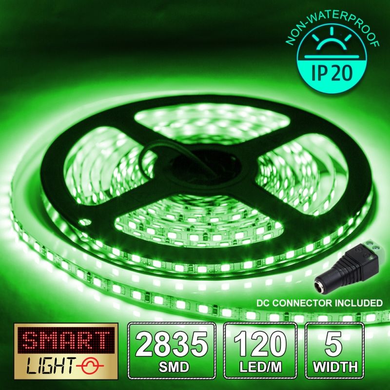 12V/5M SMD 2835 5MM IP20 Non-Waterproof Thin 5mm Strip 600 LED (120LED/M) - GREEN