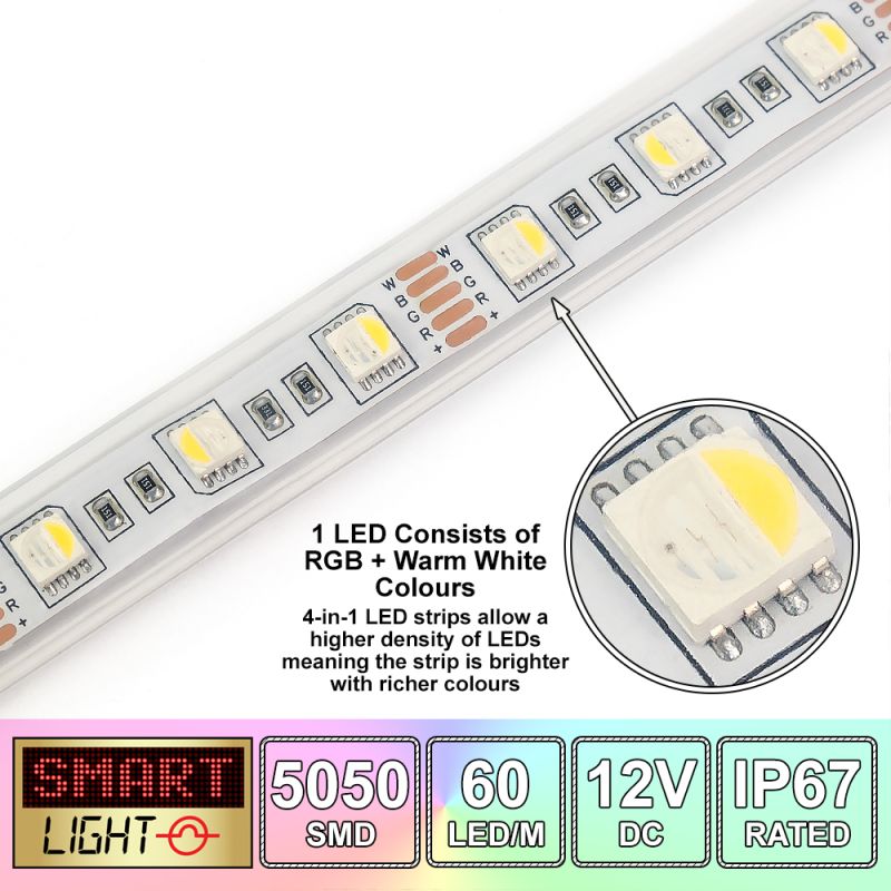 60 LED/M 12V SMD 5050 4-In-1 RGB & WARM WHITE LED Strip IP67 (White PCB)