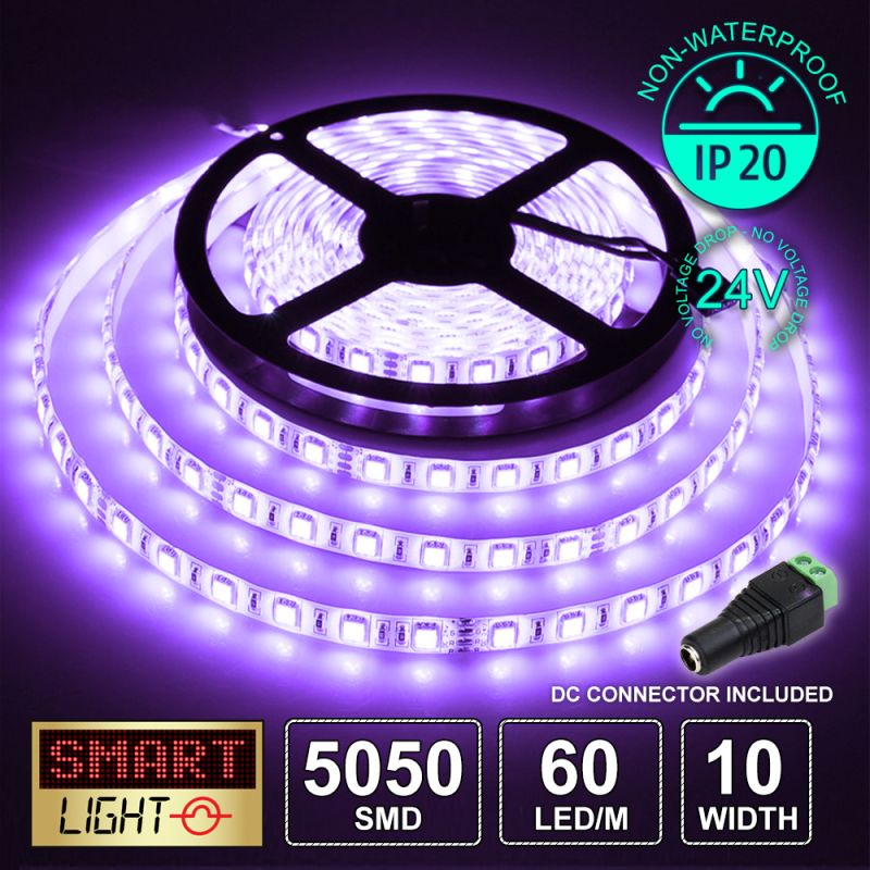 60 LED/M 24V SMD 5050 UV PURPLE LED Strip IP20 (White PCB)