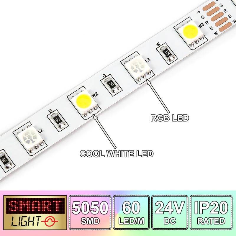 60 LED/M 24V SMD 5050 RGB + COOL WHITE LED Strip IP20 (White PCB)
