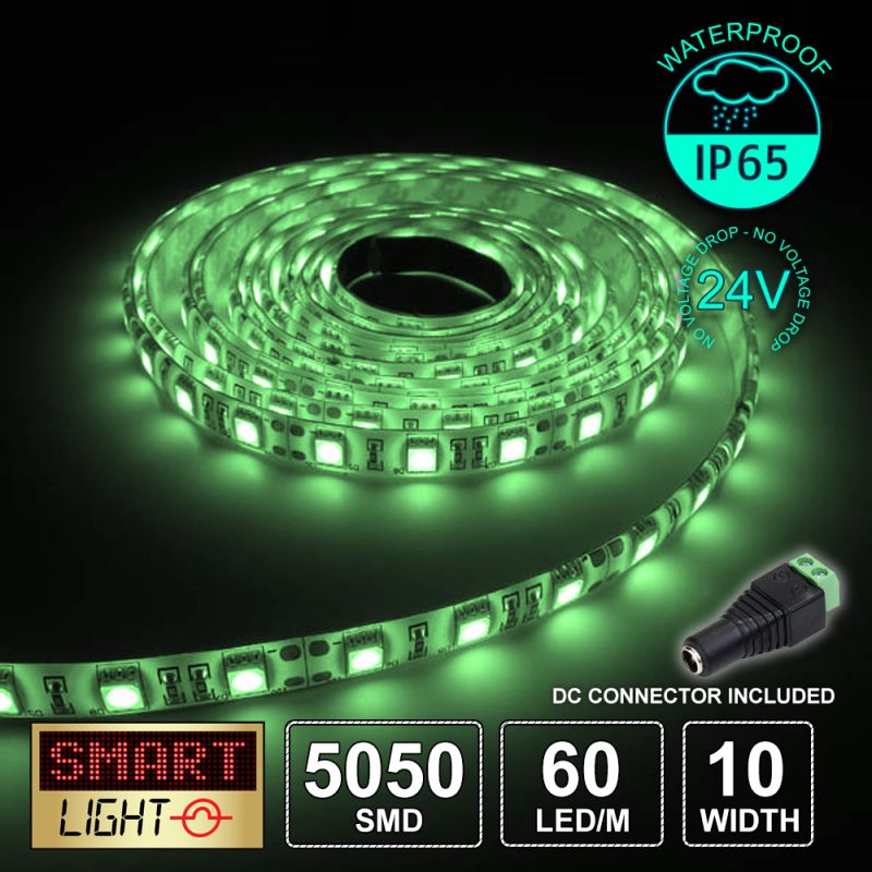 60 LED/M 24V SMD 5050 GREEN LED Strip IP65 (White PCB)
