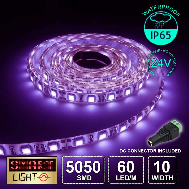 60 LED/M 24V SMD 5050 UV PURPLE LED Strip IP65 (White PCB)