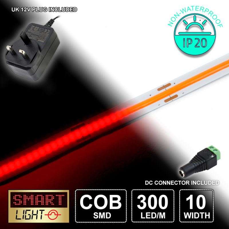 12V/1M RED COB Continuous LED Strip Tape IP20/300 LED with 12V AC Adaptor