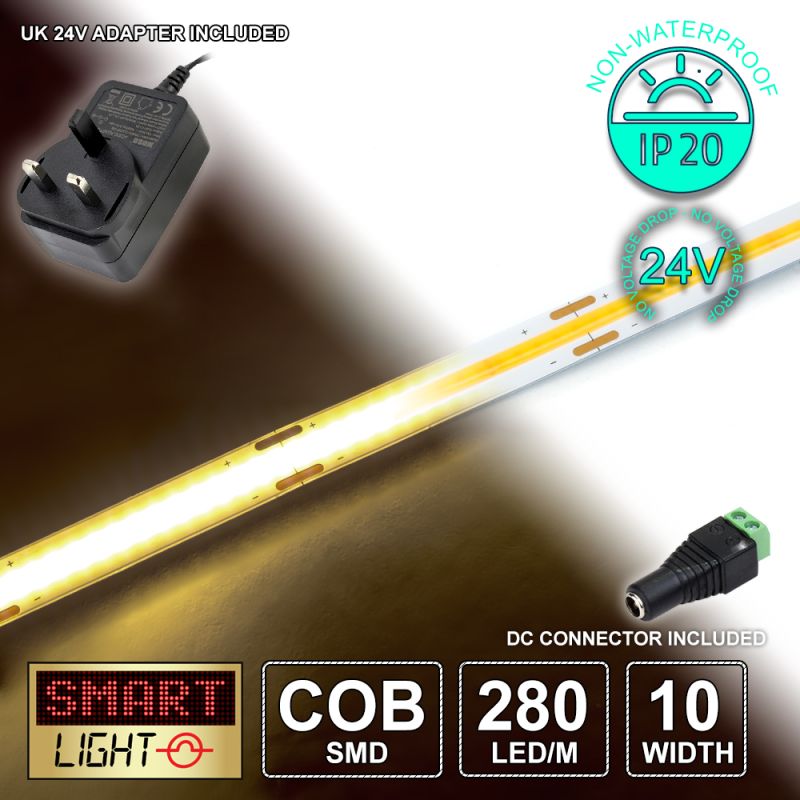 24V/1M WARM WHITE COB Continuous LED Strip Tape IP20/280 LED with 24V AC Adaptor
