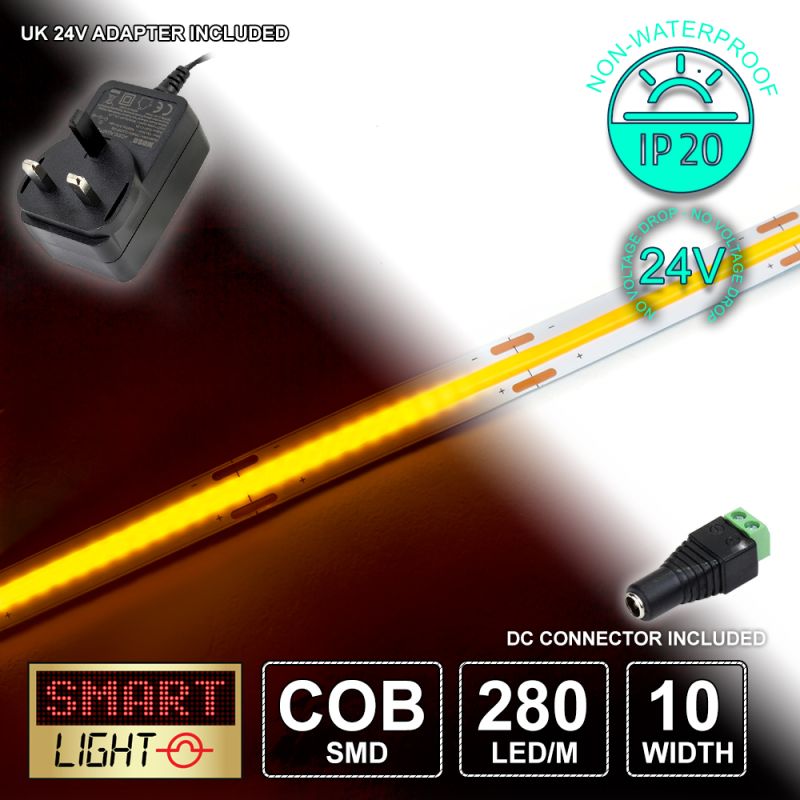 24V/1M YELLOW COB Continuous LED Strip Tape IP20/280 LED with 24V AC Adaptor
