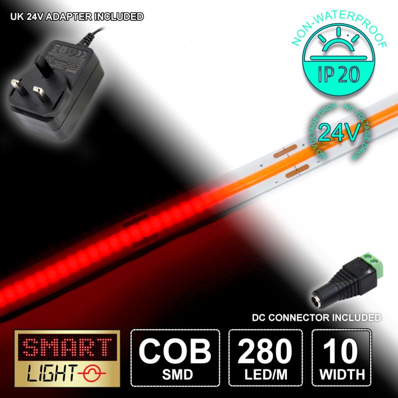 24V/1M RED COB Continuous LED Strip Tape IP20/280 LED with 24V AC Adaptor