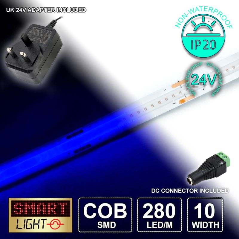 24V/1M BLUE COB Continuous LED Strip Tape IP20/280 LED with 24V AC Adaptor