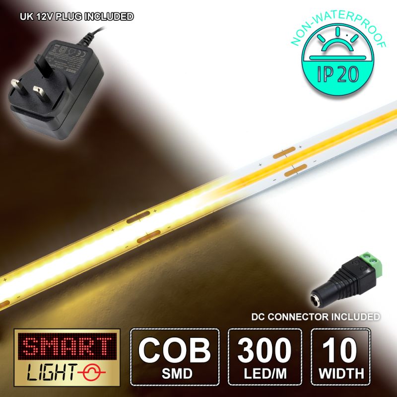 12V/5M WARM WHITE COB Continuous LED Strip Tape IP20/1500 LED with 12V AC Adaptor