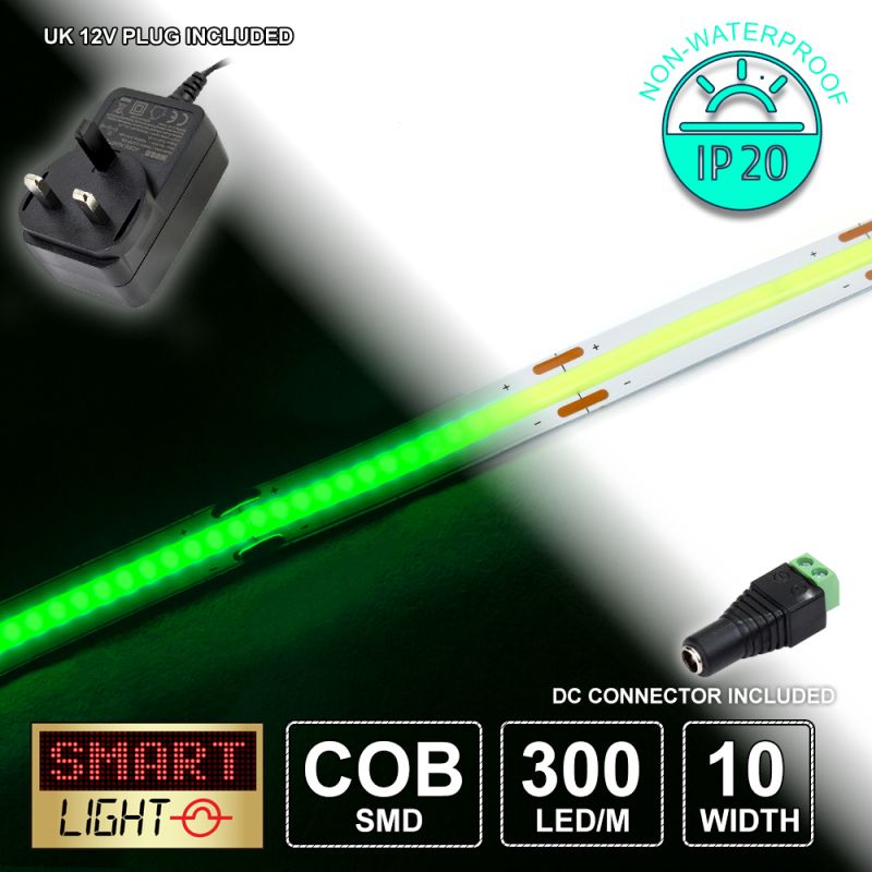 12V/5M GREEN COB Continuous LED Strip Tape IP20/1500 LED with 12V AC Adaptor