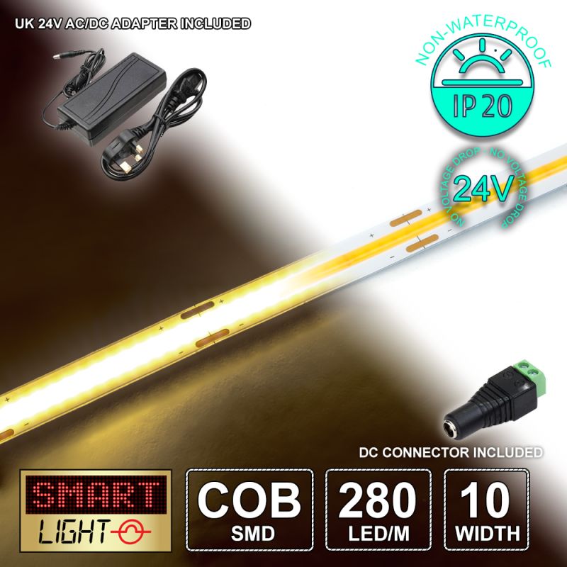 24V/5M WARM WHITE COB Continuous LED Strip Tape IP20/1400 LED with 24V AC Adaptor