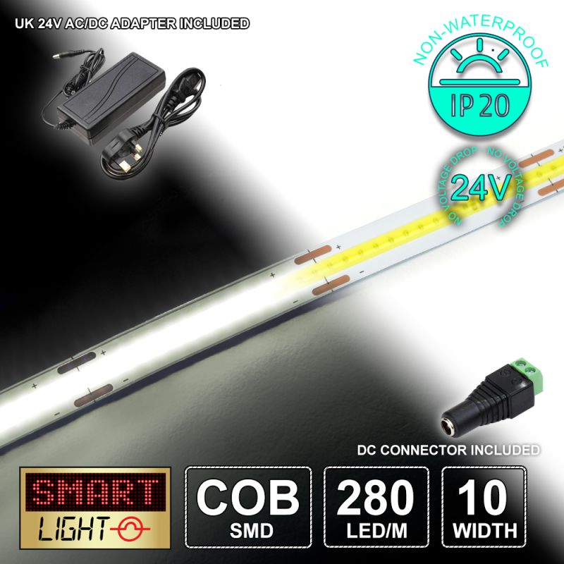 24V/5M COOL WHITE COB Continuous LED Strip Tape IP20/1400 LED with 24V AC Adaptor