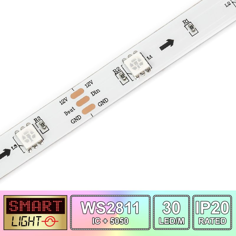 1M/30 LED WS2811/5050 RGB Addressable LED Strip 12V/IP20/White PCB (Strip Only)