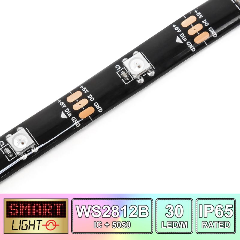 5M/150 LED WS2812B/5050 RGB Addressable LED Strip 5V/IP65/Black PCB (Strip Only)