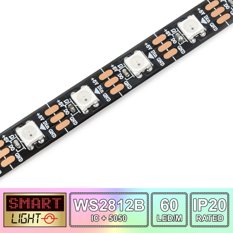5M/300 LED WS2812B/5050 RGB Addressable LED Strip 5V/IP20/Black PCB (Strip Only)