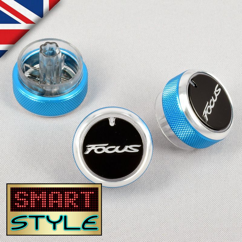 LIGHT BLUE (WITH LOGO) Aluminium Air-Con Knob Set for Ford Focus